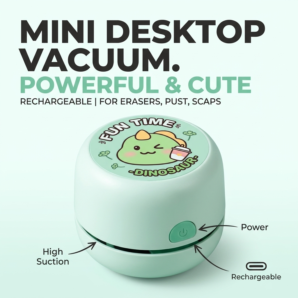 Mini Desktop Vacuum Cleaner For Eraser Dust - 卓上用ミニ掃除機。充電式でコードレス、持ち運び可能。かわいい漫画の恐竜デザイン。食べこぼし、キーボードのホコリ、削りくず、学校やオフィス、子供部屋、学生部屋、家庭での使用に最適。ミントグリーン。