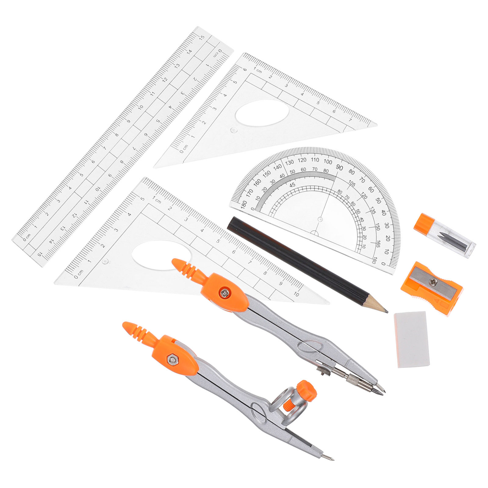 Math Geometry Set With Compass - 1セットのプラスチック製合金製コンパス、分度器、定規セット。正確な目盛り、軽量、持ち運び可能。学生向けの数学学習、幾何学、学校での使用に最適。